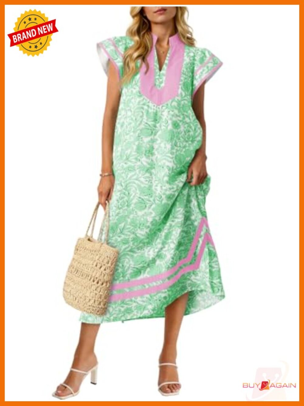 Women Floral Maxi Dress V-Neck Short Sleeve Beach Casual